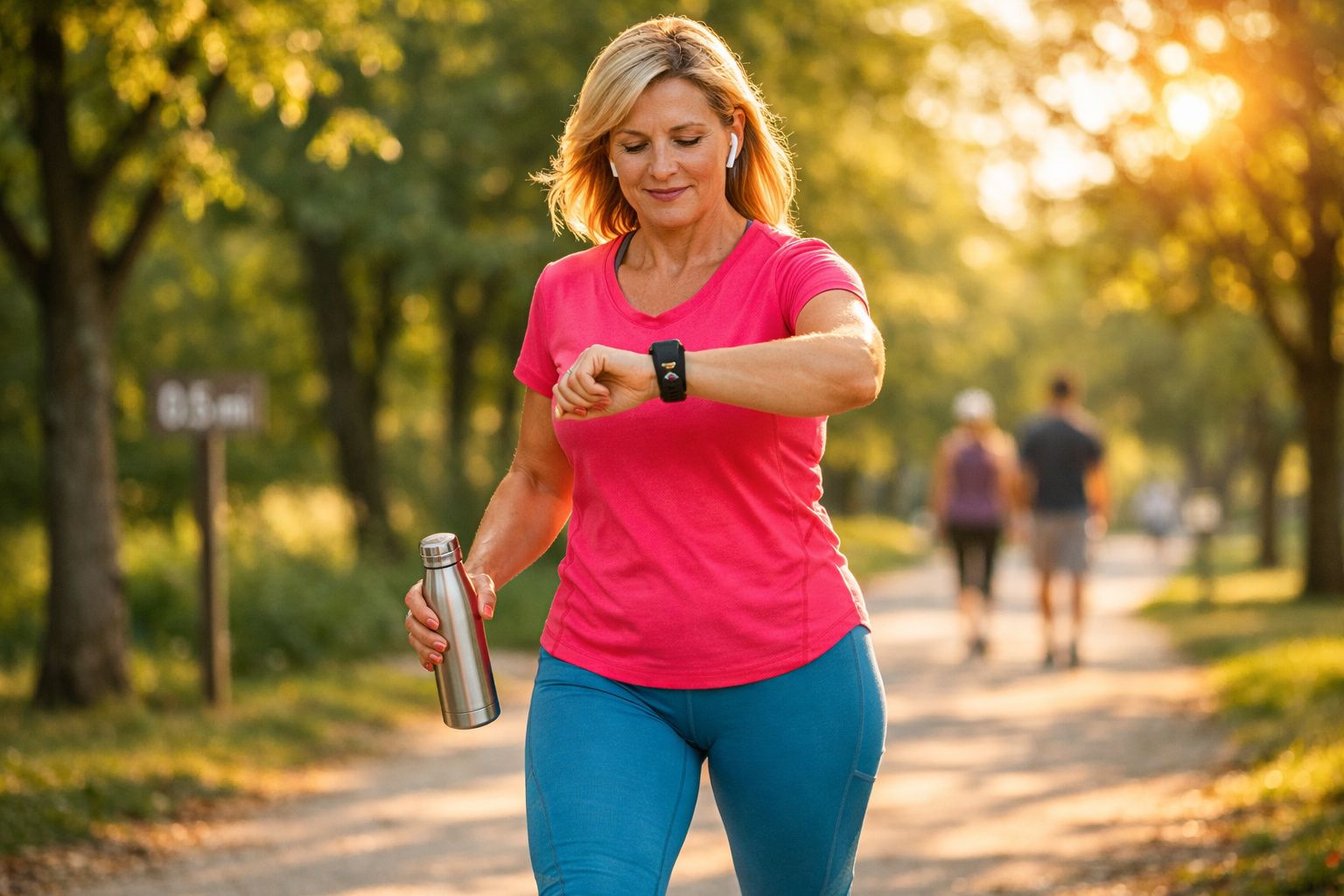 Mulher caminhando em parque ao amanhecer, veste roupas esportivas e segura garrafa térmica, olhando relógio.
