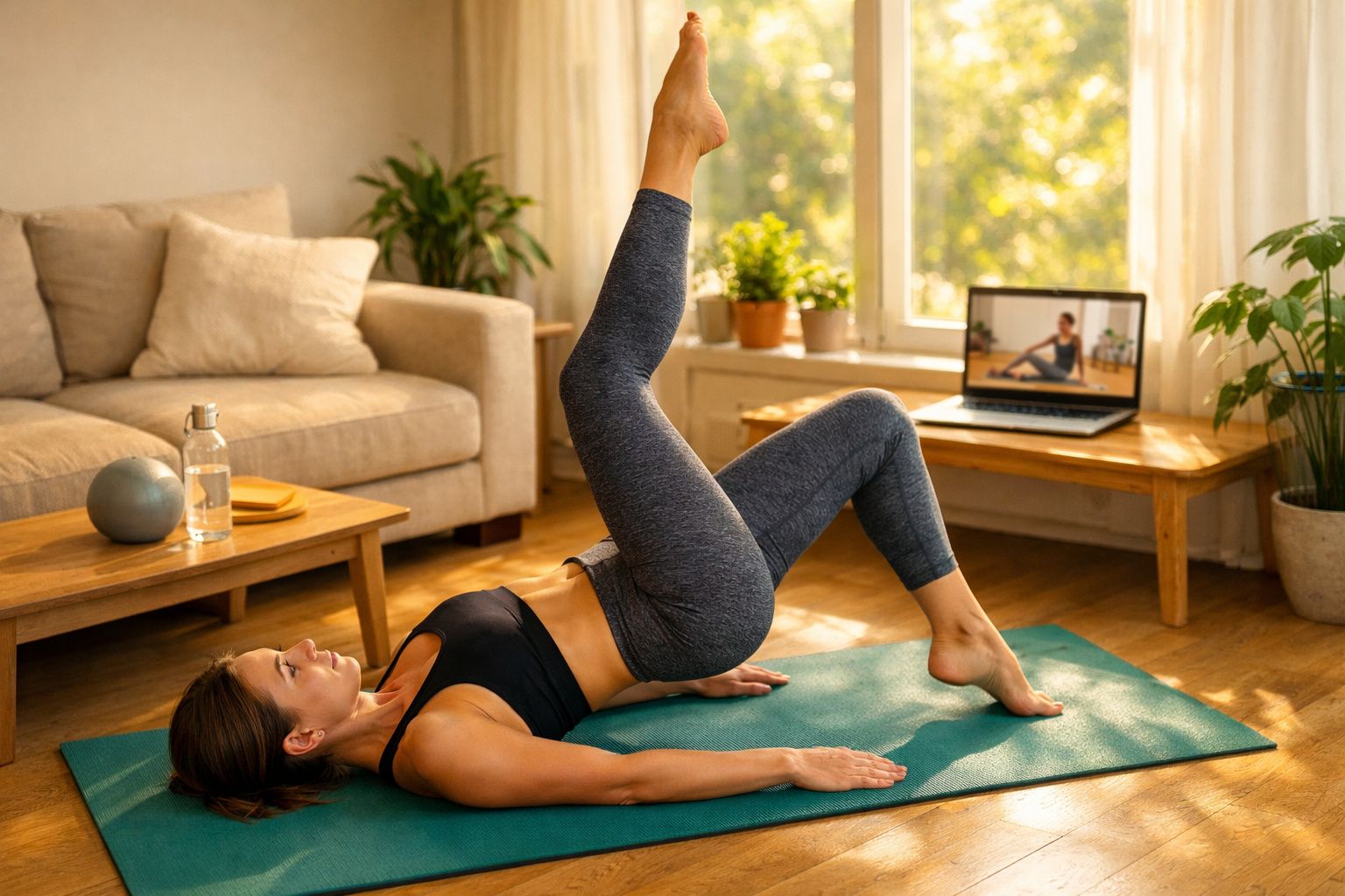 Mulher fazendo exercício de pilates em casa, seguindo aula online no laptop, em sala iluminada e aconchegante.