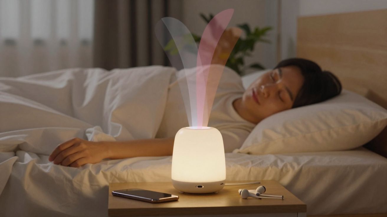 Mulher dormindo ao lado de difusor de aromaterapia com luz suave em mesa de cabeceira.