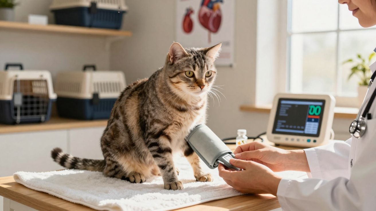 Gato recebendo exame de pressão arterial em clínica veterinária, com equipamento médico ao fundo.