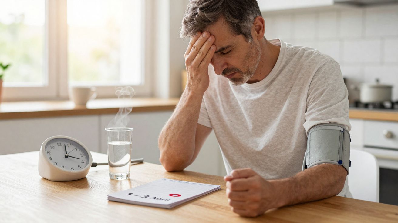 Homem com medidor de pressão senta-se à mesa com semblante preocupado, vendo resultados de exames médicos.