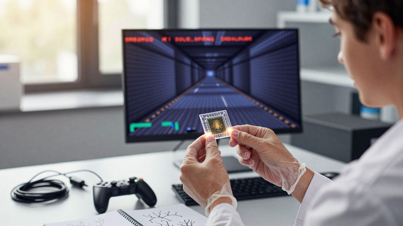 Pesquisador de luvas analisa microchip enquanto jogo está aberto no computador à sua frente.