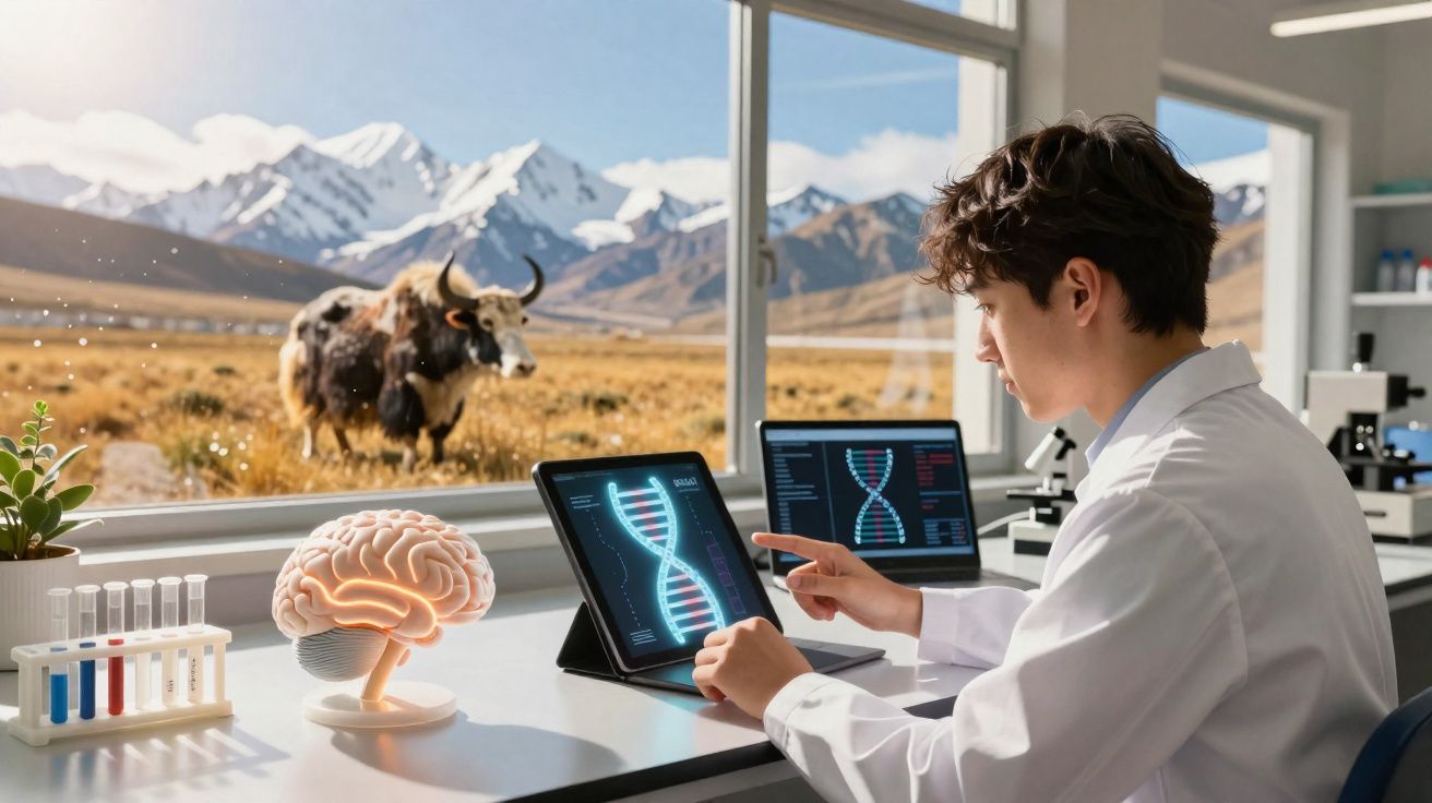 Pesquisador analisa sequência de DNA em laboratório com cérebro artificial e paisagem montanhosa com iaque ao fundo.