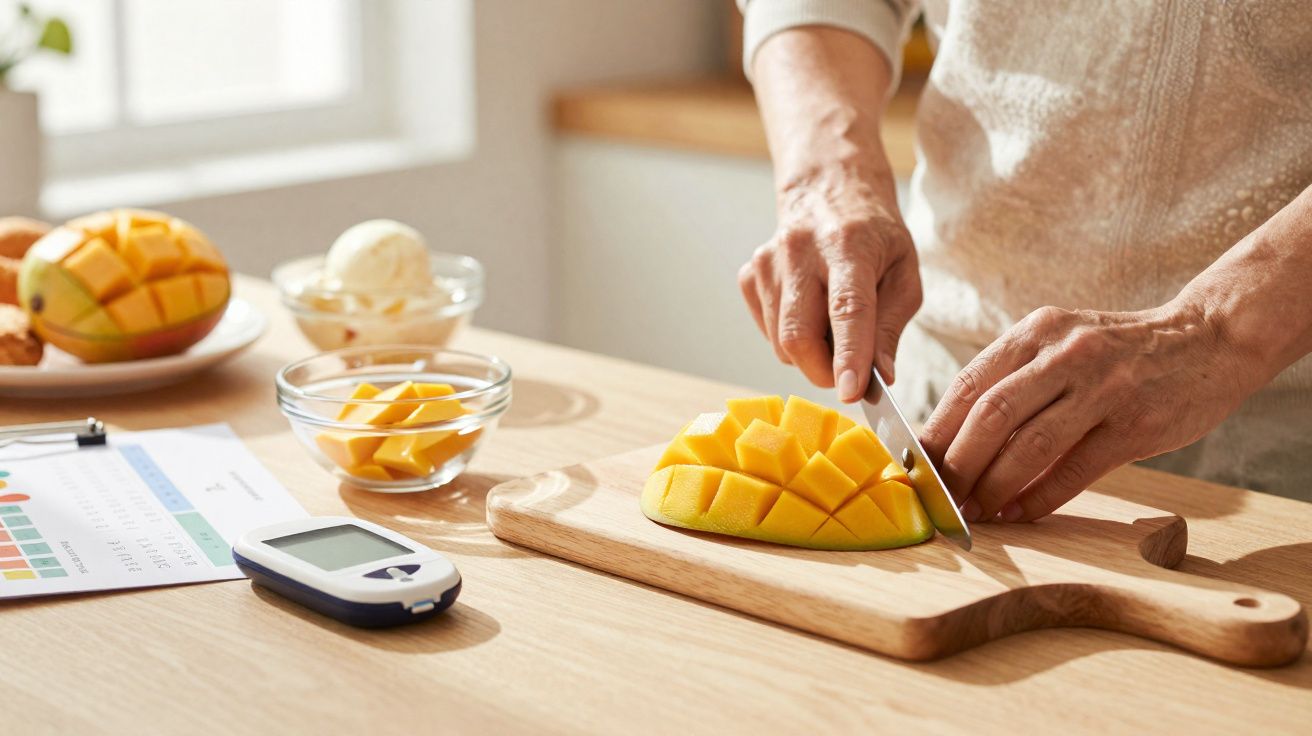 Pessoa cortando manga em cubos sobre tábua de madeira com glicosímetro ao lado em cozinha iluminada.