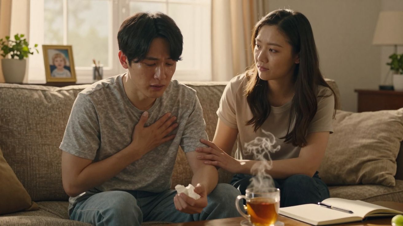 Homem aparentando dor no peito e mulher ao seu lado tentando confortá-lo no sofá da sala.