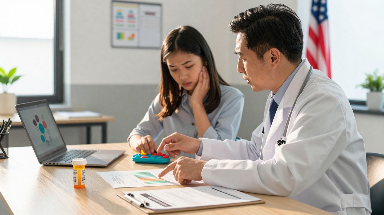 Médico explica resultados para paciente preocupada em consultório com laptop e frasco de remédio sobre a mesa.