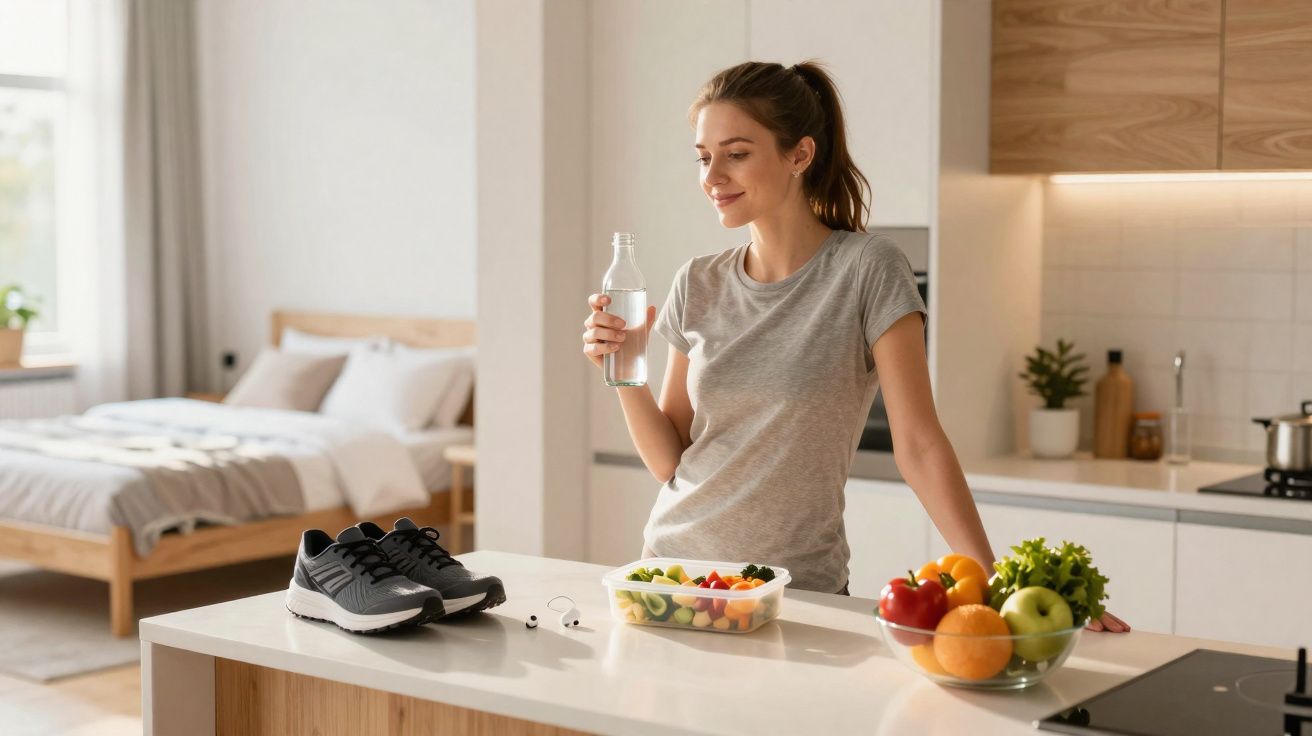 Mulher jovem na cozinha segurando garrafa de água, com comida saudável e tênis na bancada.