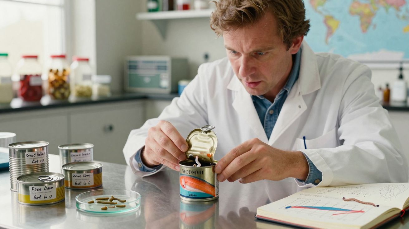 Homem de jaleco branco analisando minhocas dentro de latas e placas de Petri em laboratório.