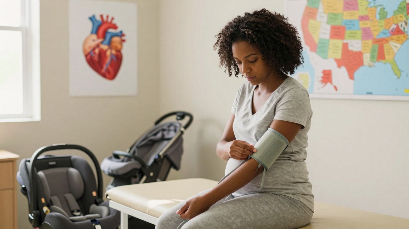 Mulher grávida medindo pressão arterial sentada em clínica com carrinho e cadeirinha de bebê ao fundo.