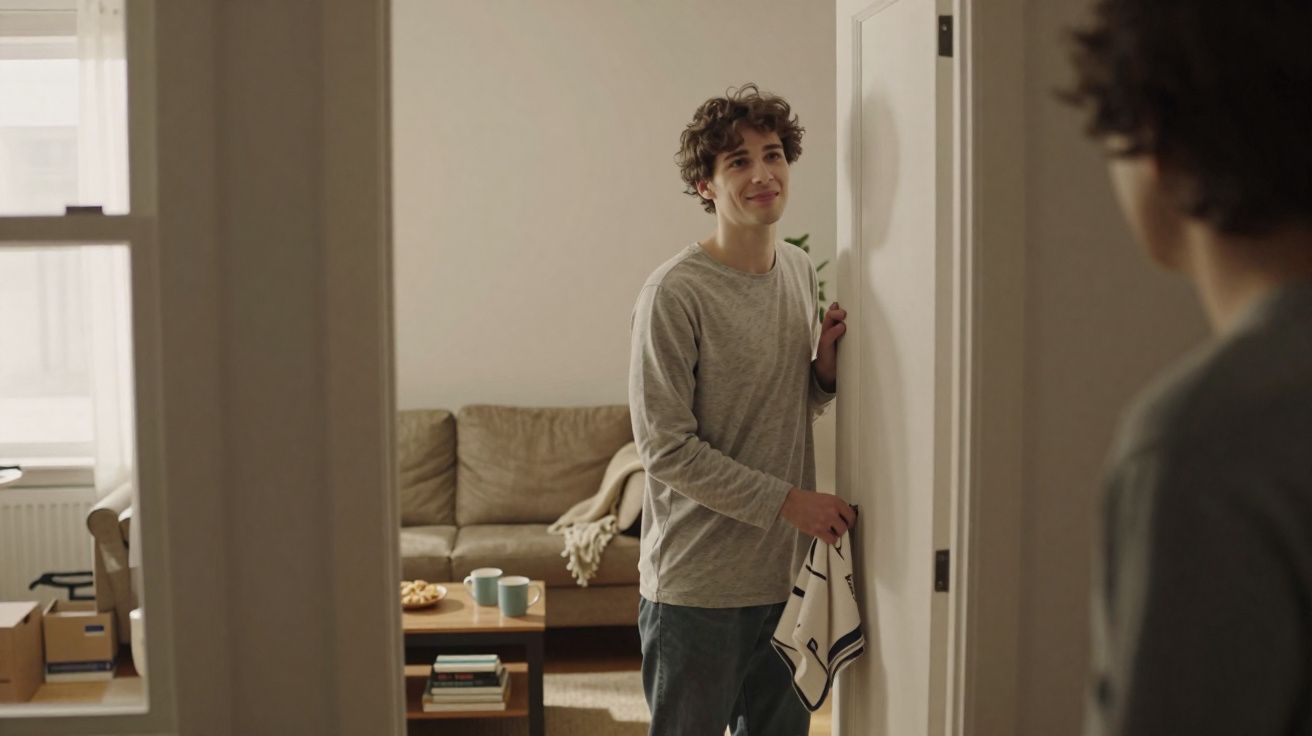 Jovem sorridente segurando pano de prato em porta, com sala ao fundo contendo sofá e mesa com xícaras.