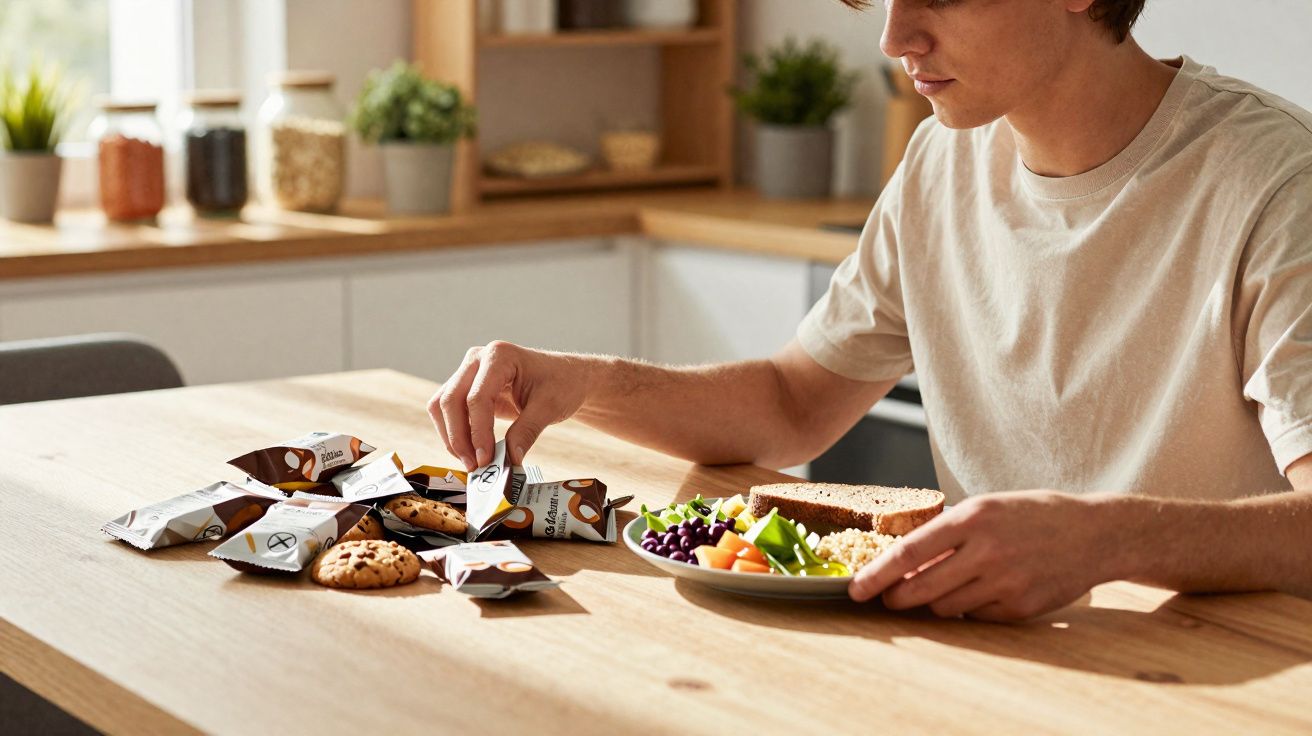Pessoa sentada em mesa de madeira, abrindo pacote de biscoito ao lado de prato com comida saudável.
