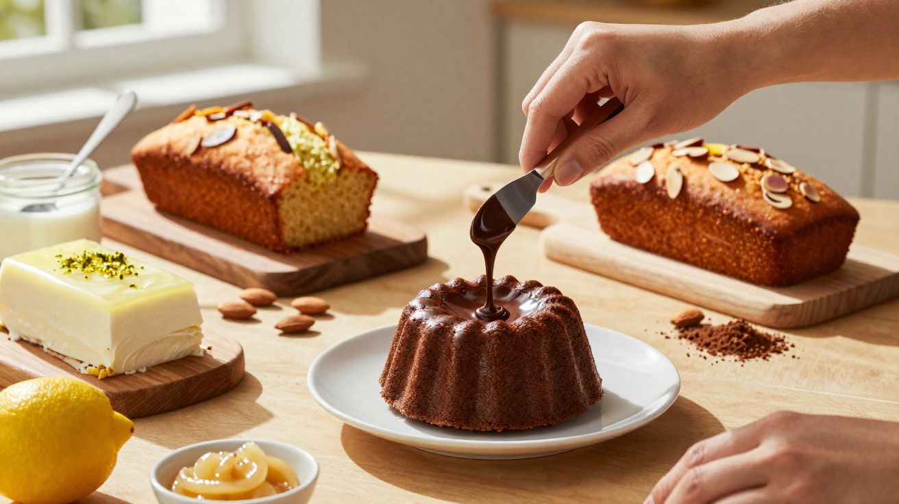 Bolo de chocolate sendo coberto com calda, ao fundo pães doces, manteiga e limão sobre mesa de madeira.