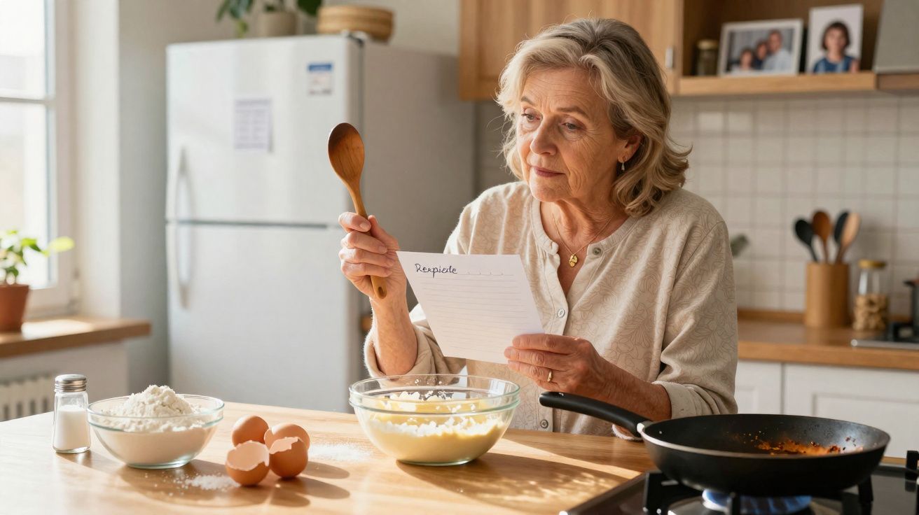 Mulher idosa lendo receita enquanto prepara massa na cozinha com ingredientes sobre a mesa.