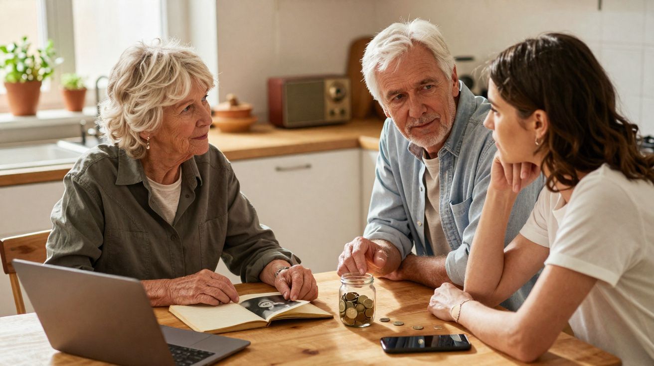 Casal idoso conversa com mulher jovem à mesa com cofre de moedas, notebook e celular em ambiente doméstico.