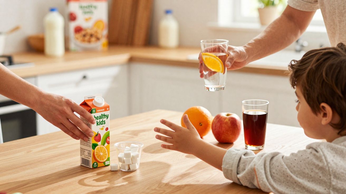 Criança na cozinha recebendo bebida saudável em copo, com frutas e suco na mesa de madeira.