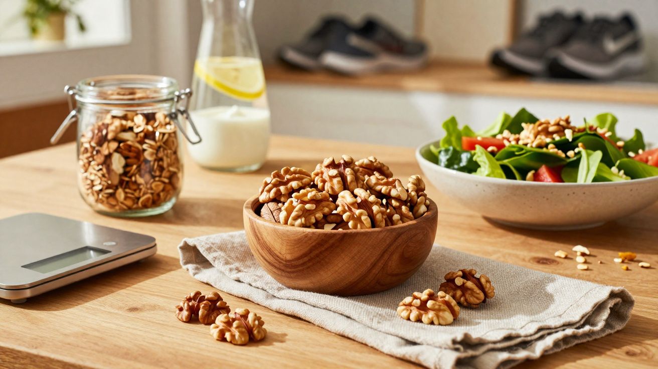 Nozes em tigela de madeira, salada verde, jarra com água e limão, pote de granola, balança digital sobre mesa de madeira.