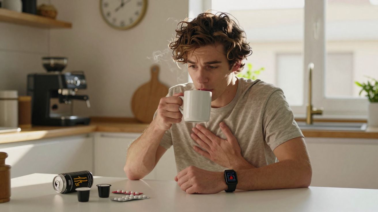 Jovem tomando remédio com caneca na cozinha, com comprimidos, cápsulas e bebida sobre a mesa.