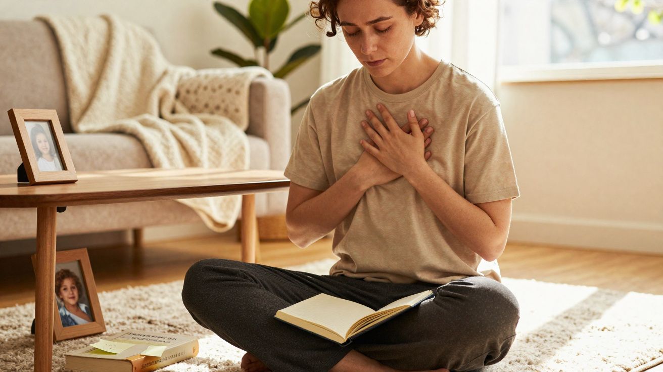 Pessoa sentada no chão, com livro aberto, mãos no peito, em ambiente iluminado e aconchegante.