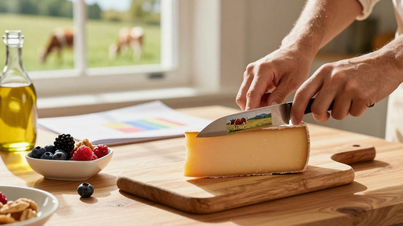 Pessoa cortando queijo amarelo em tábua de madeira com frutas e garrafa de azeite em mesa perto da janela.