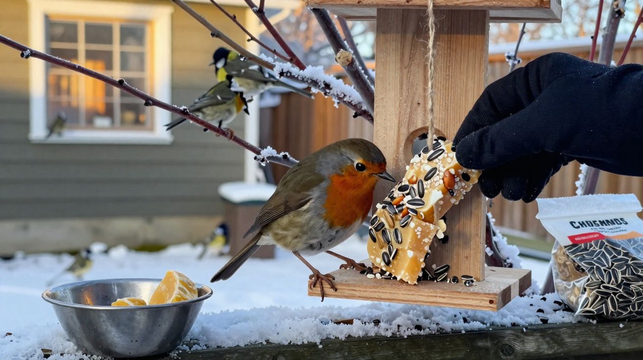 Pássaro com peito vermelho no comedouro de madeira com sementes, neve ao redor e mão com luva preta.