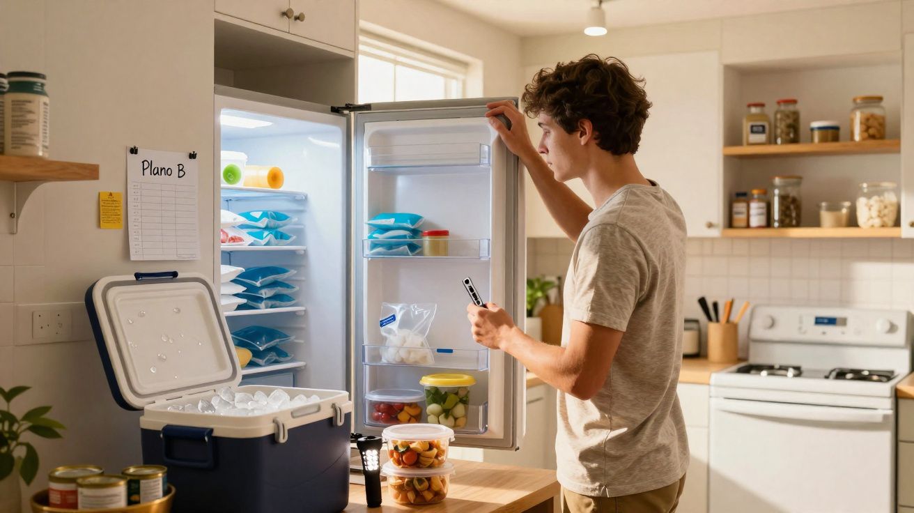 Jovem com termômetro na mão abre geladeira cheia de sacos plásticos e caixas em cozinha moderna.
