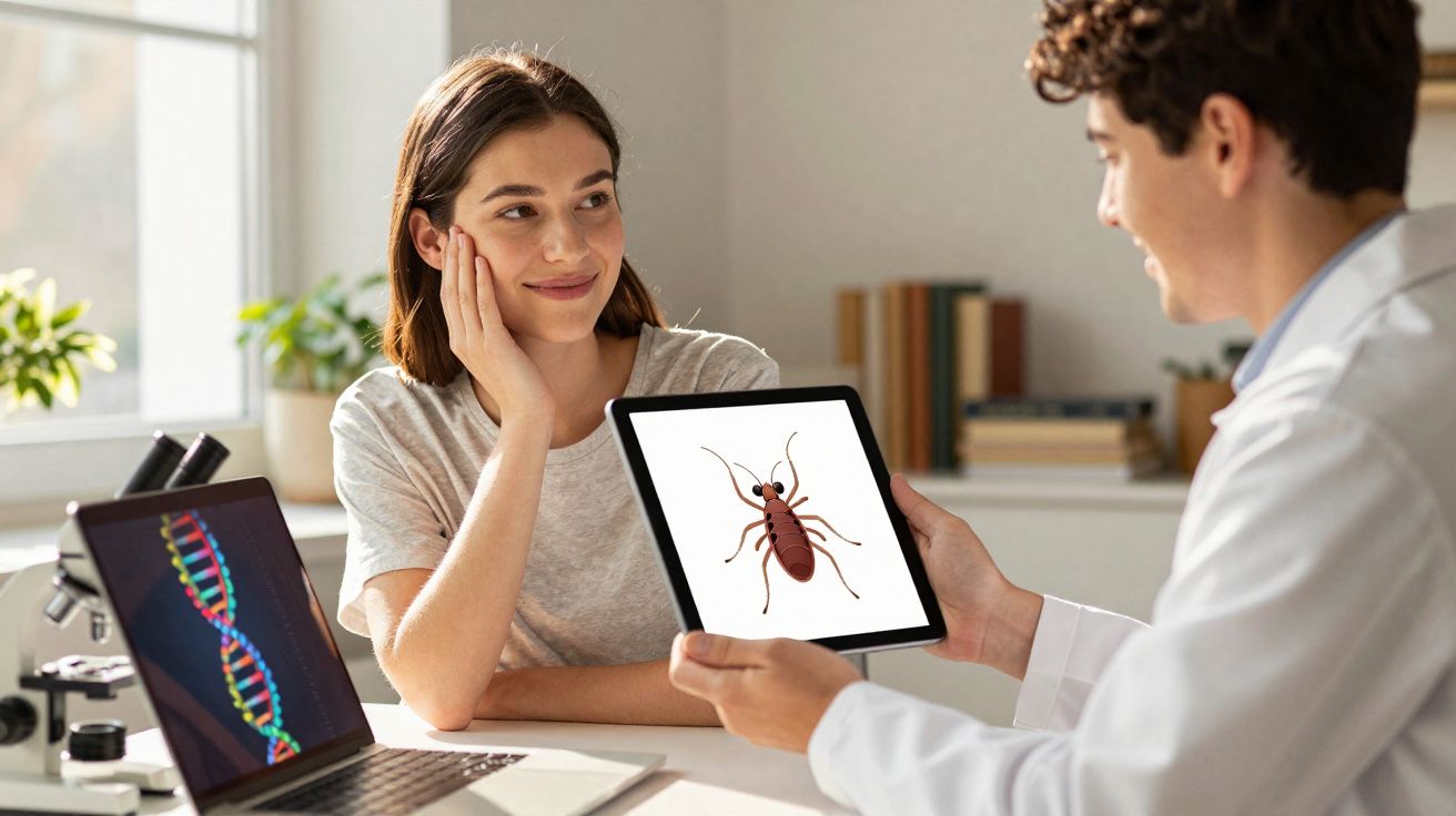 Jovem conversando com médico que mostra imagem de inseto em tablet, com laptop aberto ao lado.