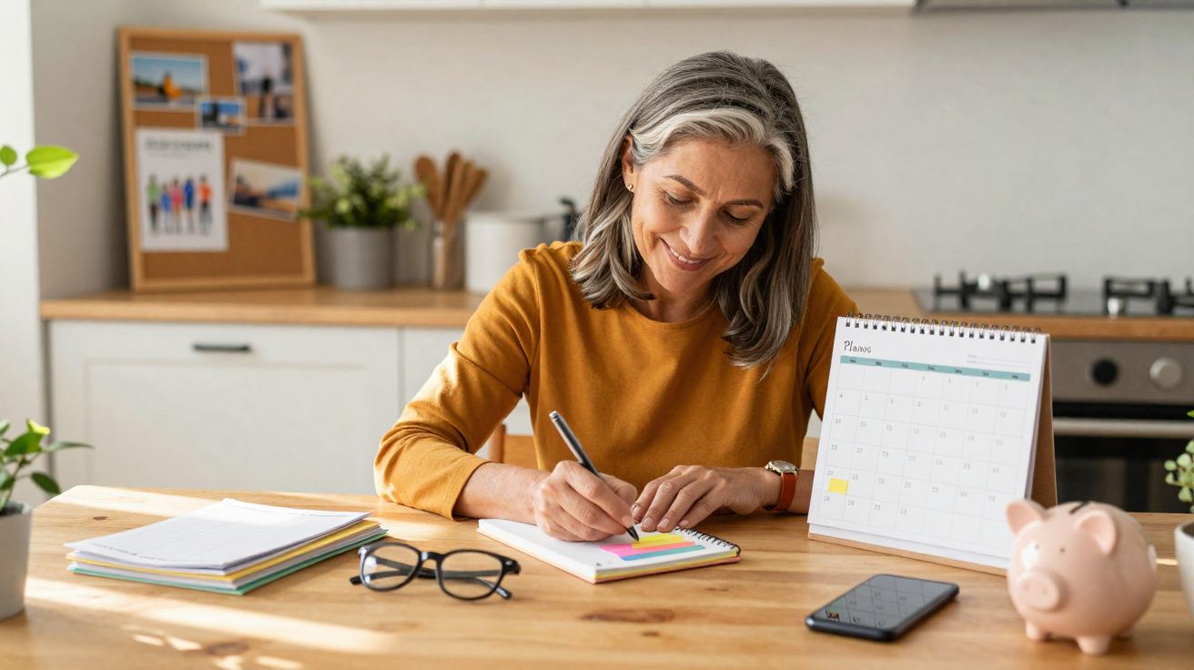 Mulher sorridente sentada à mesa escrevendo em caderno, com calendário, cofrinho e celular à frente.