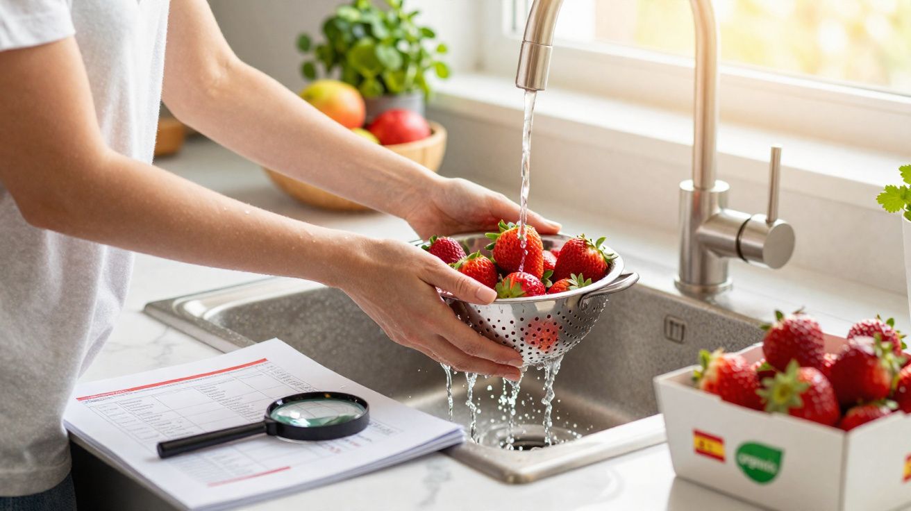 Pessoa lavando morangos em escorredor de metal na pia da cozinha iluminada por janela.
