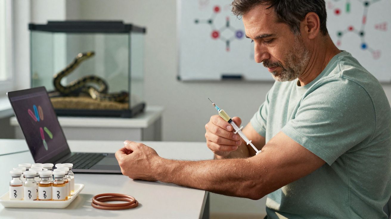 Homem sentado aplicando injeção no braço em ambiente com laptop e frascos sobre a mesa.