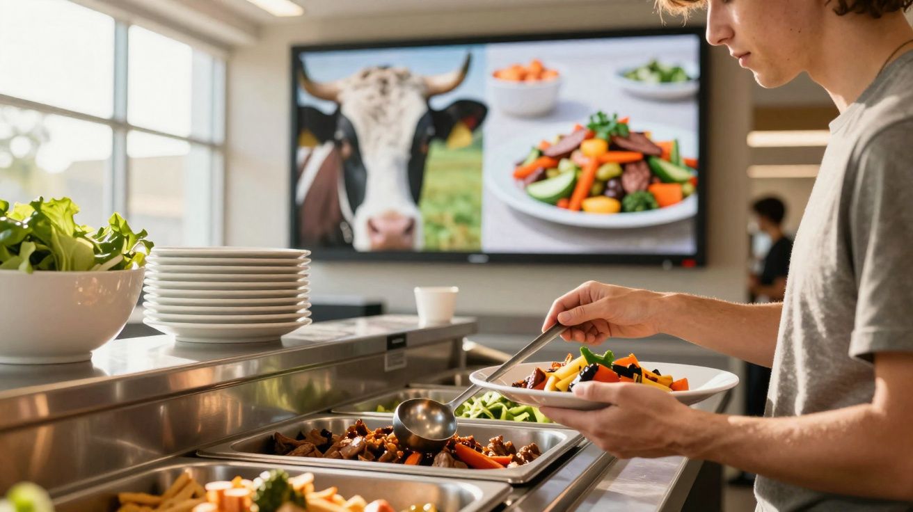 Pessoa servindo comida vegetal em buffet self-service com foto de vaca ao fundo.