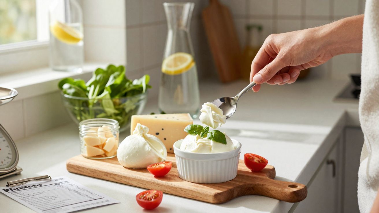 Pessoa pegando cream cheese em colher com queijos, tomate-cereja, rúcula e jarra de água com limão.