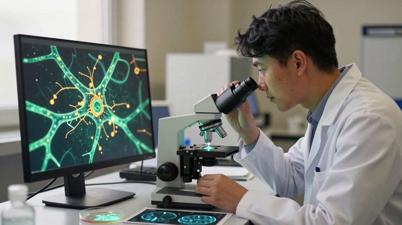 Homem de jaleco branco observa amostra em microscópio com imagem de neurônios em monitor ao lado.