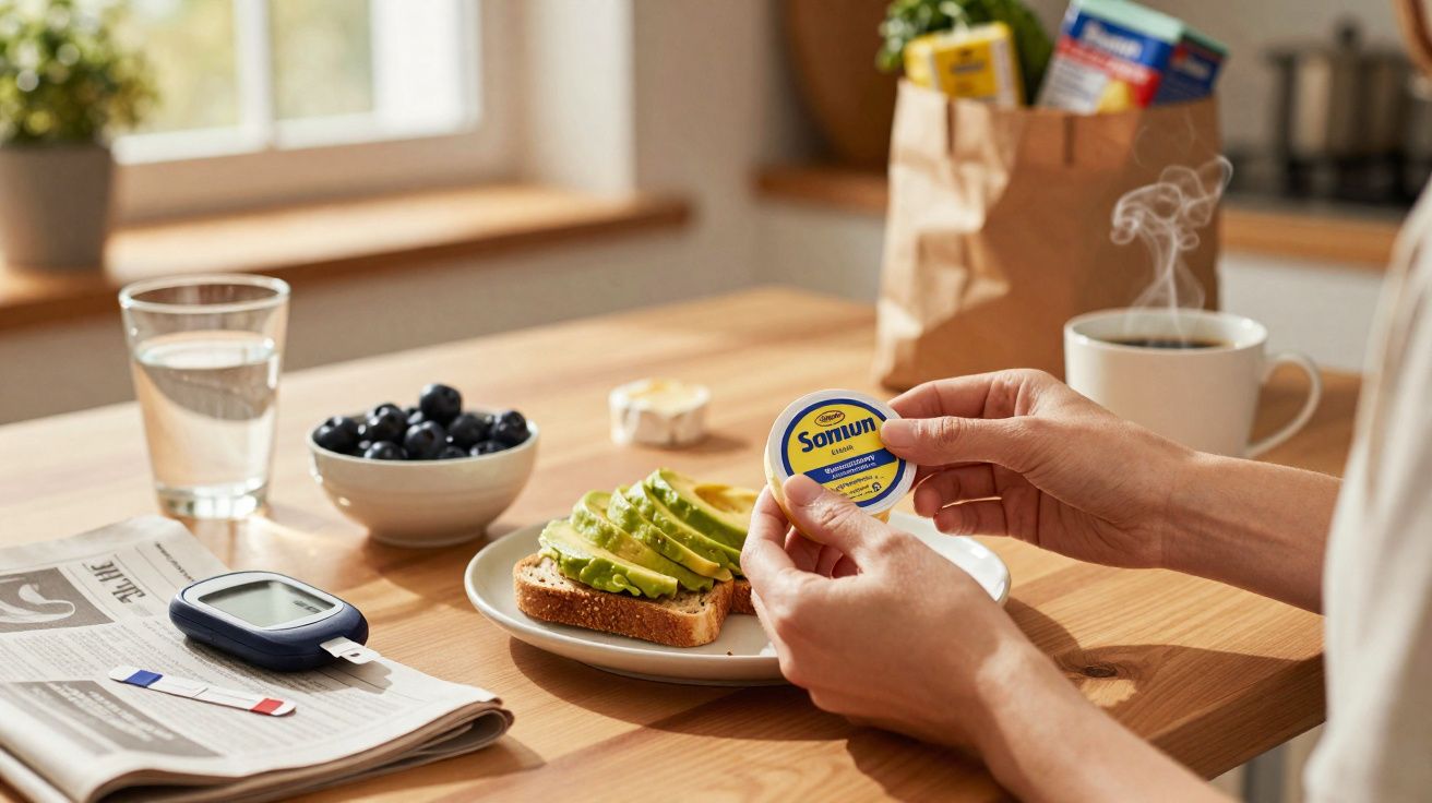 Pessoa segurando embalagem de colírio ao lado de mesa com café, torrada com abacate e glicosímetro.
