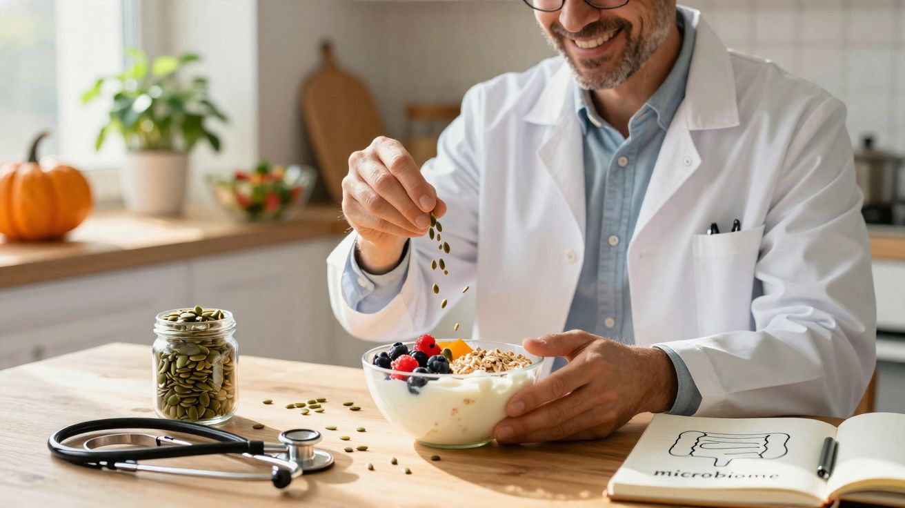 Homem com jaleco adiciona sementes a um pote de iogurte com frutas e granola em uma cozinha.
