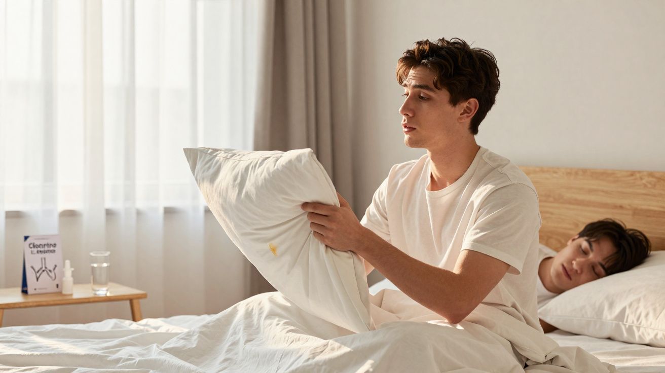 Homem sentado na cama segurando travesseiro manchado enquanto outra pessoa dorme ao fundo.