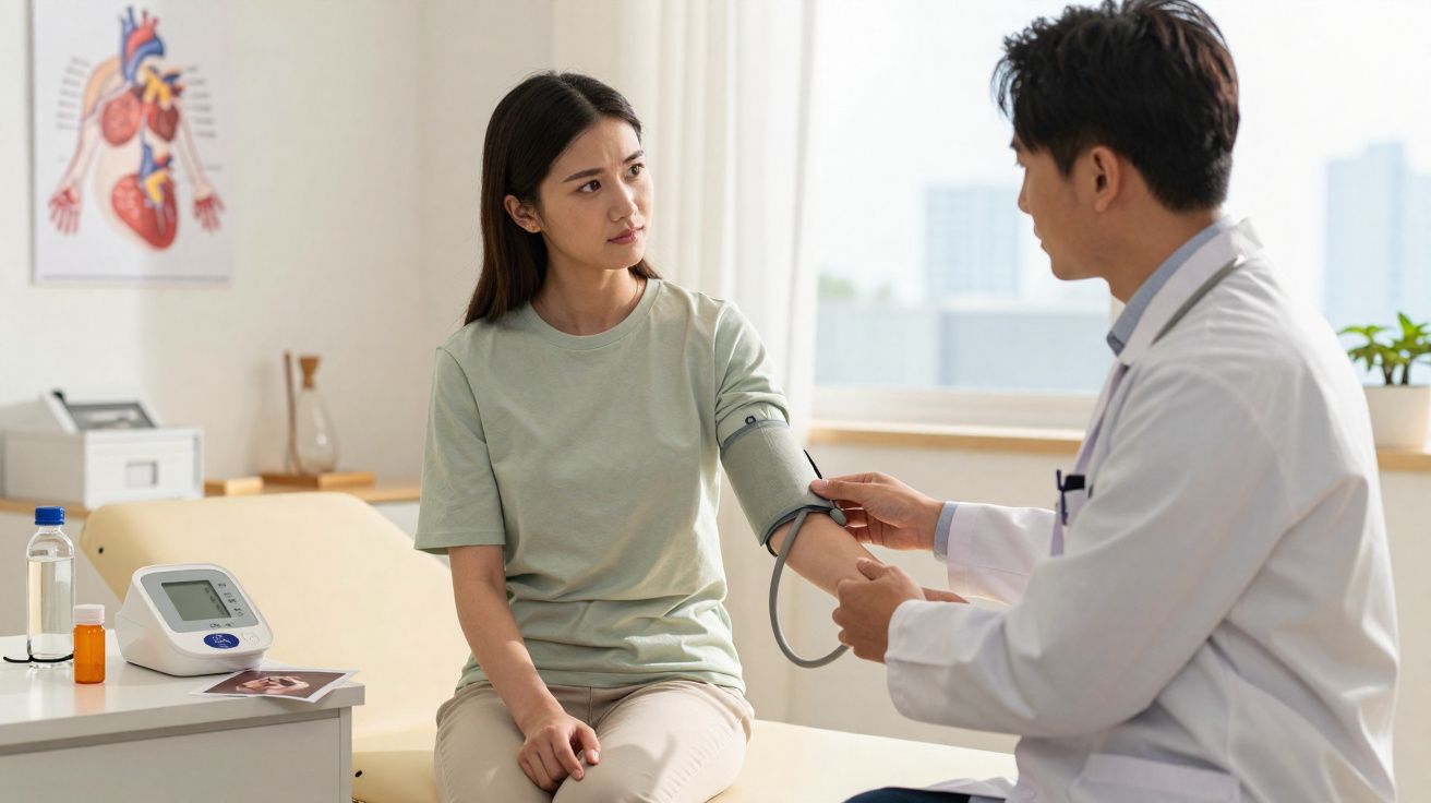 Médico medindo pressão arterial de paciente jovem em consultório com cartaz sobre o coração na parede.