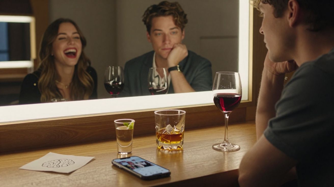Homem sentado em frente a espelho com bebidas e celular, refletindo uma mulher sorrindo ao fundo.