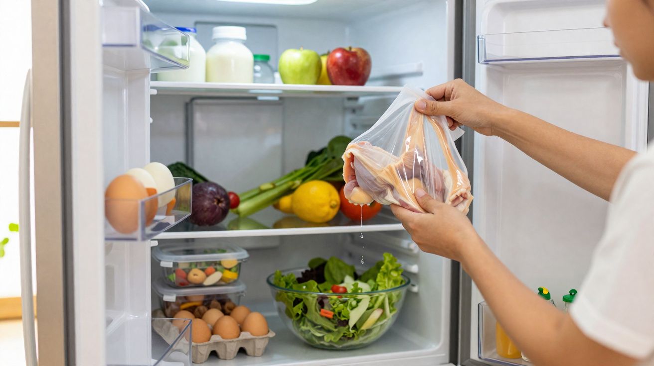 Pessoa guardando frango cru em saco plástico dentro de geladeira com frutas, ovos e verduras.