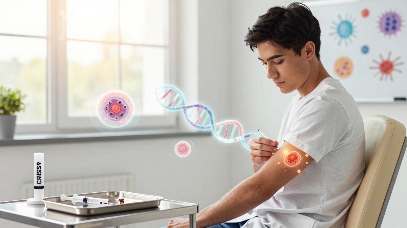 Jovem aplicando injeção no braço com ilustrações digitais de DNA e células ao redor.