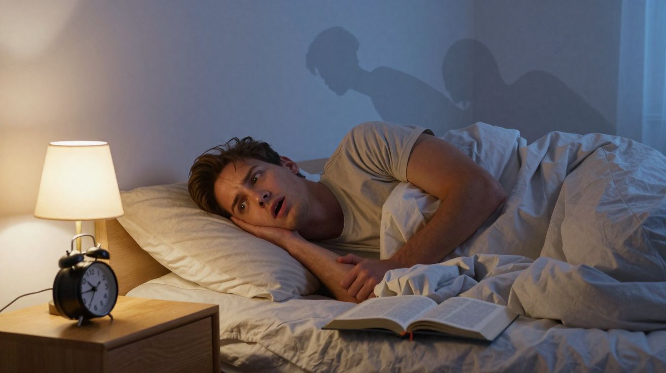 Homem deitado na cama acordado com expressão preocupada ao lado de livro aberto e relógio despertador.