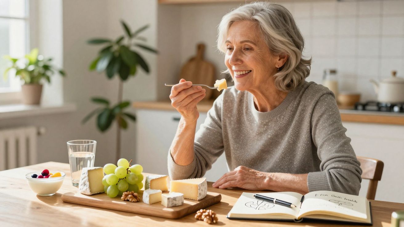 Mulher idosa sorrindo enquanto come queijo em cozinha iluminada, com tábua de queijos, frutas e caderno aberto.