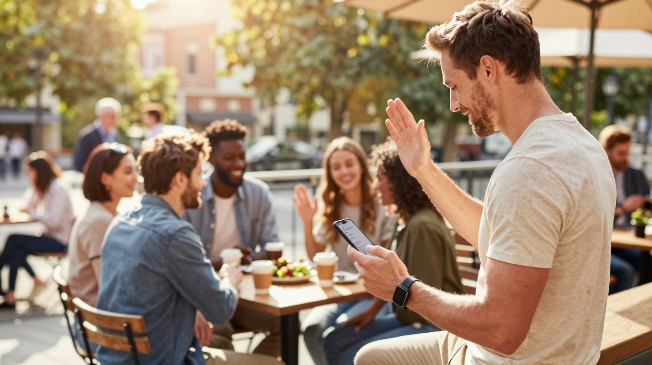Homem cumprimenta grupo de amigos felizes em café ao ar livre em dia ensolarado.