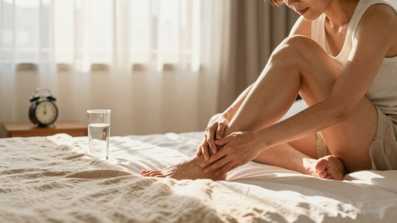 Pessoa sentada na cama segurando o tornozelo, com copo d'água e despertador ao fundo.