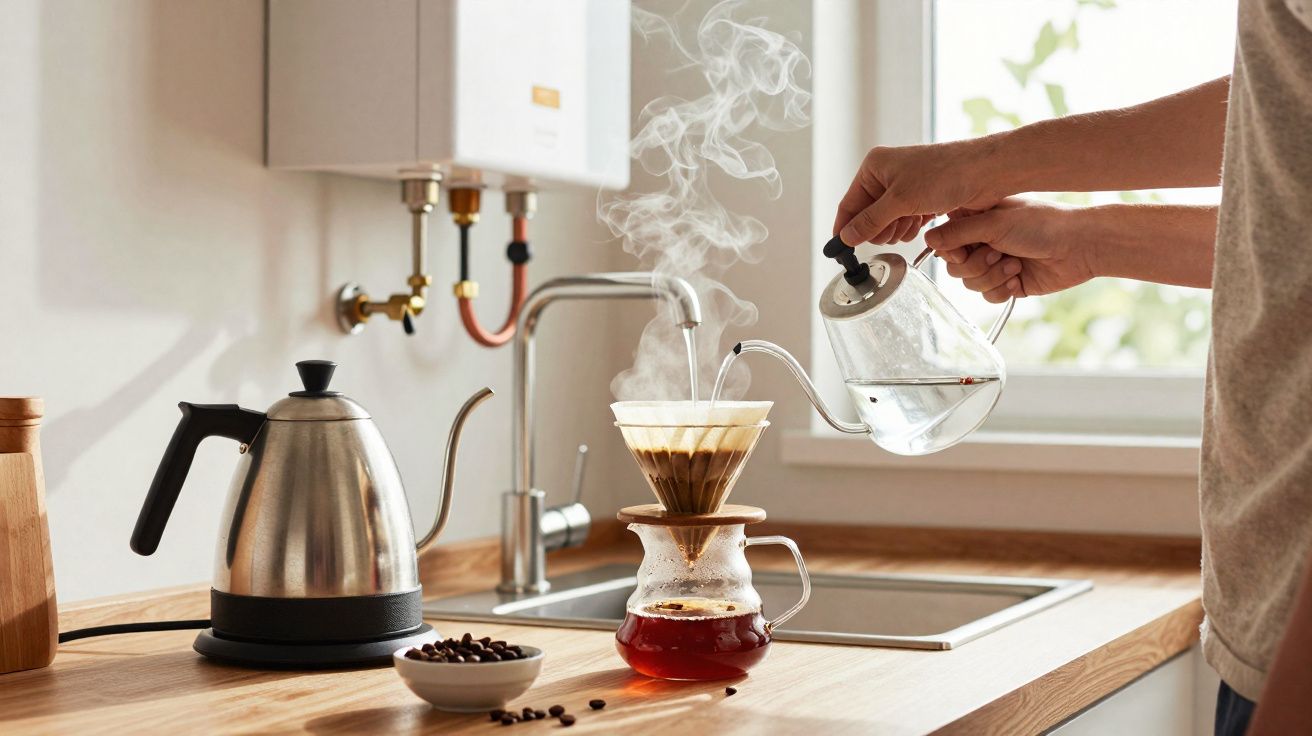 Pessoa preparando café coado na cozinha com chaleira elétrica, grãos de café e filtro de papel.