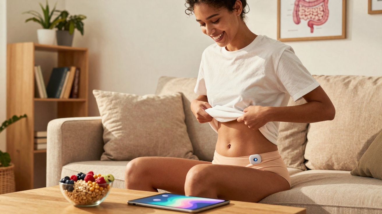 Mulher sorridente ajusta dispositivo no abdômen sentada no sofá com tablet e tigela de frutas na mesa à frente.