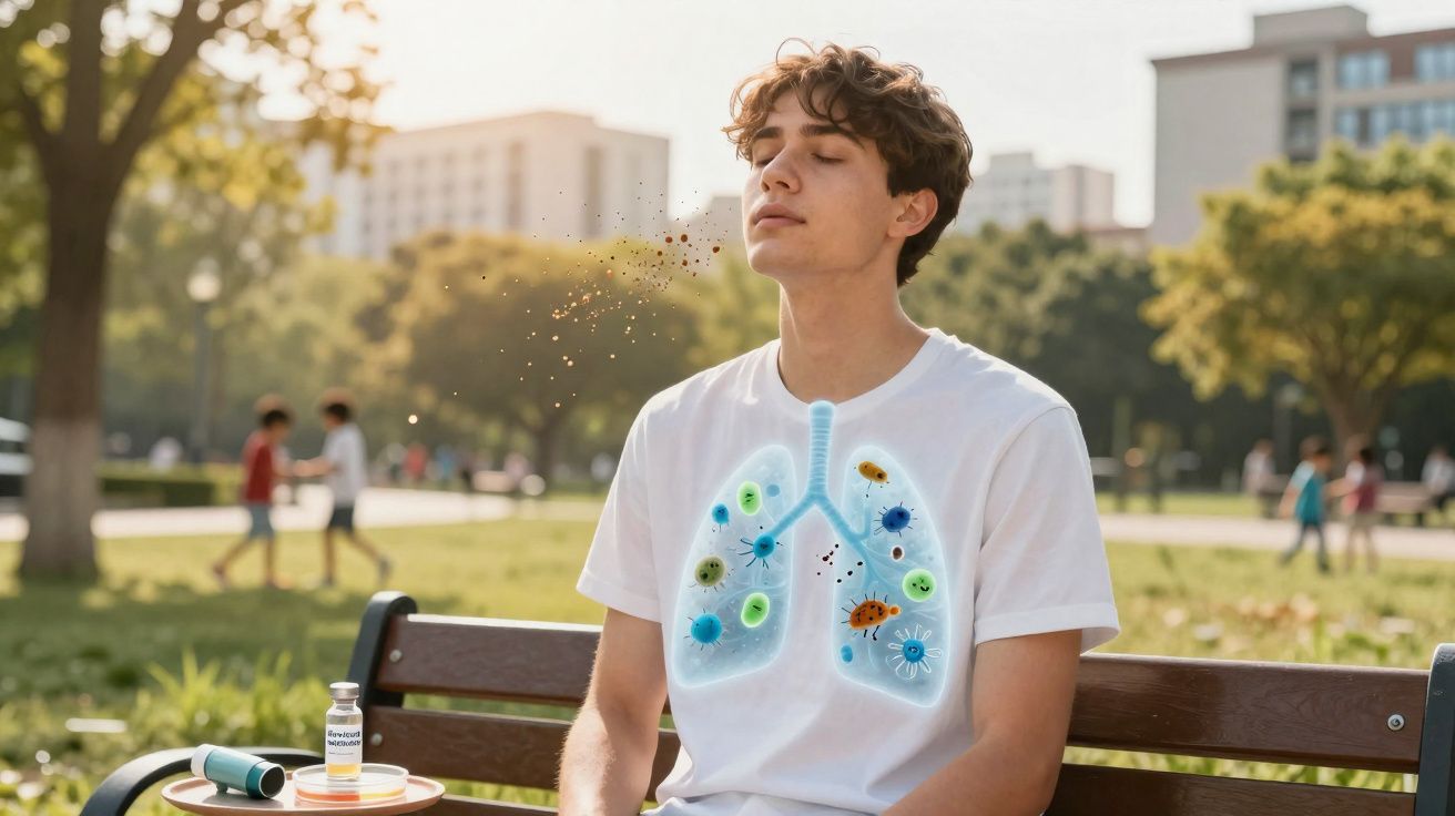 Jovem sentado em banco de parque, ilustração de pulmões com vírus e bactérias na camiseta branca.