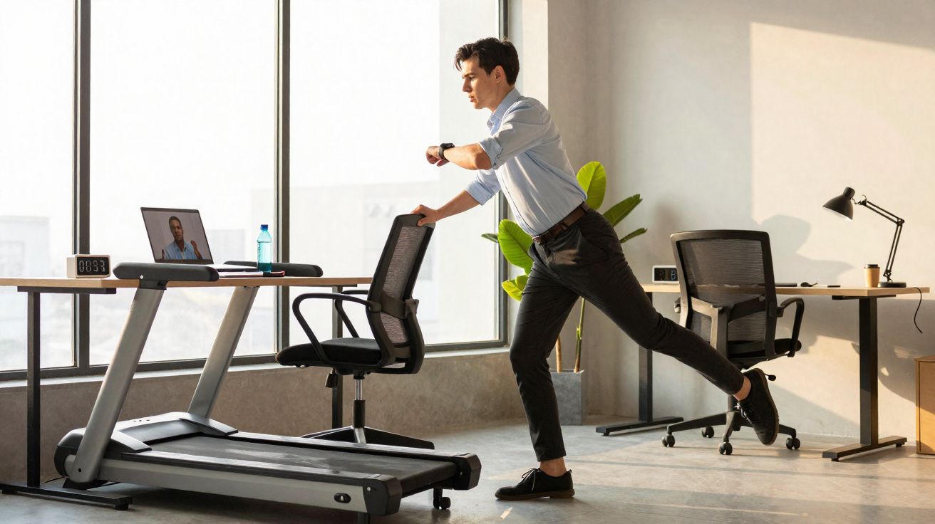 Homem fazendo exercícios de alongamento em escritório moderno com esteira e videoconferência.