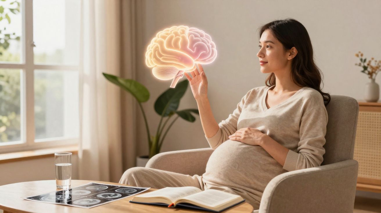 Mulher grávida sentada, tocando ilustração holográfica de cérebro, com livros e imagens médicas na mesa.