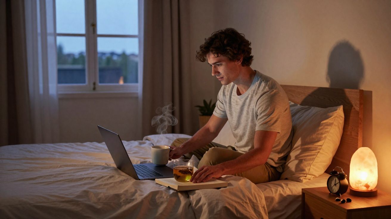 Homem jovem sentado na cama à noite, trabalhando no laptop e segurando uma xícara de chá quente.
