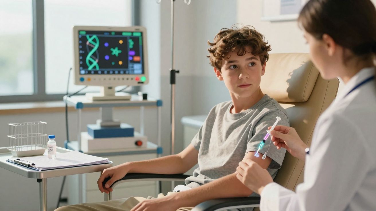 Menino sentado em cadeira de clínica olhando para médica que segura seringa com vacina.